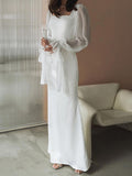 themeisles Split-Joint Solid Color See-Through Pleated Gauze Skinny Flared Sleeves Square-neck Maxi Dresses