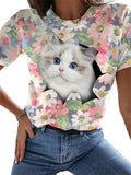 themeisles Retro Cartoon Cat Puppy Cute 3D Print Round Neck Short Sleeve T-shirt Women's S M L XL 2XL 3XL 4XL 5XL