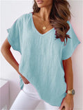 themeisles Summer Solid Color Cotton Linen Short-sleeved V-neck Shirt T-shirt Women