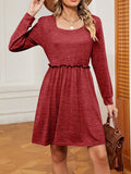 themeisles Solid Color Pleated Loose Long Sleeves Square-Neck Mini Dresses