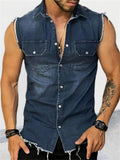 themeisles Men's Shirt Button Up Shirt Summer Shirt Casual Shirt Black Blue Sleeveless Plain Turndown Daily Vacation Denim Clothing Apparel Fashion Casual Comfortable