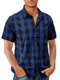 themeisles Men's Summer Casual Cotton Cardigan Shirt Short-sleeved Shirt Men's Shirt Plaid Lapel Shirt S,M,L,XL,XXL