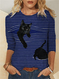 themeisles Women's Round Neck Faux Cotton Long Sleeve T-shirt Cat Print S M L XL 2LX 3XL