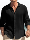 themeisles Men's Large Size Solid Color Long Sleeve Shirt Home Casual Fashion Lapel Shirt Top