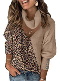 themeisles Autumn and Winter New Women's Leopard Print Color Blocking Temperament V-neck Loose Scarf Hollowed Knitwear