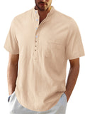 themeisles Men's Short-sleeved Beach Shirt Men's Cotton Linen Buttons Solid Color Blouse S-2XL