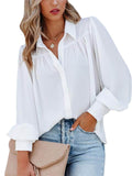 themeisles Urban Style Buttoned Blouse Lantern Sleeves Ruffled Solid Color Collar Loose Shirt Long-sleeved Women's