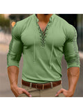 themeisles Casual Loose Men's Mesh Fabric Spelling Long-sleeved Henley Shirt Solid Color Tie Collar Pullover Tops Casual Bottoming Shirt Tops