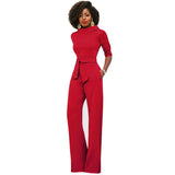 themeisles New Fashion Women's Solid Color Lapel Five-point Sleeve High Waist Wide Leg Jumpsuit