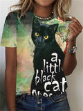 themeisles Women's Short-sleeved T-shirt Black Cat Women's Tops Round Neck Green