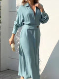 themeisles Solid Color Long Sleeves Lapel Collar Maxi Dresses