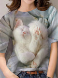 themeisles Casual Kitten Print Short-sleeved Round Neck T-shirt Women's Tops