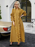 themeisles Original Loose Long Sleeves Tied Pleated Falbala Solid Color V-Neck Maxi Dresses