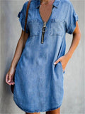 themeisles Fashion Zipper Slim Blue Denim Short-sleeved Dress