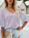 themeisles New Fashion Women's Summer Floral V-neck Chiffon Shirt Ruffle Sleeve Three-quarter Sleeve Temperament Elegant Loose Pullover T-shirt