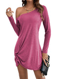 themeisles Casual Loose Long Sleeves Solid Color One-Shoulder Mini Dresses