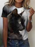 themeisles Black Cat T-shirt Orange Short-sleeved Cat Design Print Women's Summer Tops