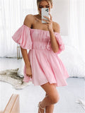 themeisles Sexy One-neck Off-the-shoulder Bubble Sleeve Elastic Waist Clear Big Swing Dress