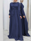 themeisles Tied Waist Solid Color Pleated Loose Long Sleeves Maxi Dresses