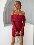 themeisles Glitter Mesh Off-Shoulder Ruched Mini Dress