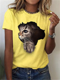 themeisles Summer Animal Kitten Print Short-sleeved Round Neck T-shirt Women's Pink White Yellow Black