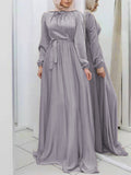 themeisles Tied Waist Solid Color Pleated Loose Long Sleeves Maxi Dresses