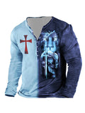 themeisles Men's Henley Shirt T shirt Tee Tee Graphic Templar Cross Cross Henley Blue Purple Yellow Gray 3D Print Plus Size Outdoor Daily Long Sleeve Button-Down Print Clothing Apparel Basic Designer Classic