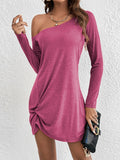 themeisles Casual Loose Long Sleeves Solid Color One-Shoulder Mini Dresses