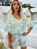 themeisles New Fashion Women's Summer Floral V-neck Chiffon Shirt Ruffle Sleeve Three-quarter Sleeve Temperament Elegant Loose Pullover T-shirt