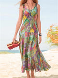 themeisles Women's Sleeveless U-neck Printed Long Dress Summer New Bohemian Vacation Beach A-line Dress Dress