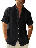 themeisles Men's Linen Shirt Button Up Shirt Casual Shirt Summer Shirt Beach Shirt Guayabera Shirt Black White Blue Short Sleeve Plain Stand Collar Summer Casual Daily Clothing Apparel