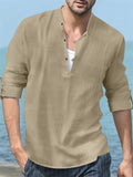 themeisles Men's Linen Shirt Stand-up Collar Long-sleeved Casual Beach Shirt Solid Color S M L XL 2XL