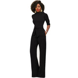 themeisles New Fashion Women's Solid Color Lapel Five-point Sleeve High Waist Wide Leg Jumpsuit