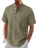 themeisles Men's Short-sleeved Beach Shirt Men's Cotton Linen Buttons Solid Color Blouse S-2XL