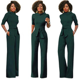 themeisles New Fashion Women's Solid Color Lapel Five-point Sleeve High Waist Wide Leg Jumpsuit