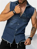 themeisles Men's Shirt Button Up Shirt Summer Shirt Casual Shirt Black Blue Sleeveless Plain Turndown Daily Vacation Denim Clothing Apparel Fashion Casual Comfortable