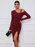 themeisles Ribbed Ruched Drawstring Wrap Dress