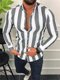 themeisles Men's Long-sleeved Lapel Vertical Stripes Shirt Loose Casual Shirt Breathable Cardigan Shirt Gray,Green,Blue