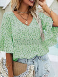 themeisles New Fashion Women's Summer Floral V-neck Chiffon Shirt Ruffle Sleeve Three-quarter Sleeve Temperament Elegant Loose Pullover T-shirt