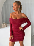 themeisles Glitter Mesh Off-Shoulder Ruched Mini Dress