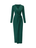 themeisles Solid Color Bowknot Long Sleeves Bodycon V-neck Maxi Dresses