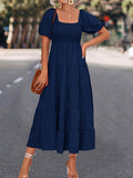 themeisles Split-Joint Solid Color Pleated Elasticity Short Sleeves High Waisted Square-neck Midi Dresses