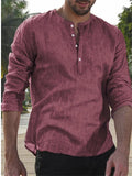 themeisles Men's Round Neck Solid Color T-shirt Simple Casual Bottoming Shirt Set Linen Long-sleeved Shirt