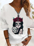 swvws Women's Plus Size Tops Pullover Sweatshirt Hoodie Sweatshirt Skull Cat Zipper Print Long Sleeve V Neck Streetwear Hoodie Daily Going out Polyester Winter Fall Black Yellow / Weekend