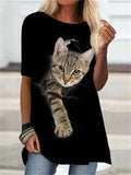 themeisles Cat Print Short-sleeved T-shirt Women's Casual Outer Wear Ladies T-shirt Black White