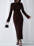 themeisles Solid Color Pleated Hollow Backless Loose Long Sleeves Round-Neck Midi Dresses