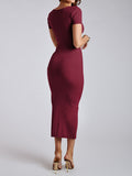 themeisles Split-side Solid Color Skinny Short Sleeves Round-neck Midi Dresses