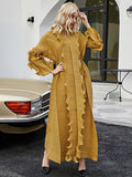 themeisles Original Loose Long Sleeves Tied Pleated Falbala Solid Color V-Neck Maxi Dresses