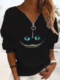 swvws Women's Plus Size Tops Pullover Sweatshirt Hoodie Sweatshirt Skull Cat Zipper Print Long Sleeve V Neck Streetwear Hoodie Daily Going out Polyester Winter Fall Black Yellow / Weekend