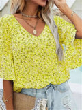 themeisles New Fashion Women's Summer Floral V-neck Chiffon Shirt Ruffle Sleeve Three-quarter Sleeve Temperament Elegant Loose Pullover T-shirt